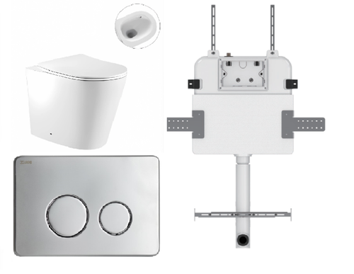 Zero Wall-Faced Extra High Rimless Whirlpool Toilet Pan + R&T Cistern + Round Stainless Steel Satin Chrome Button [305916]