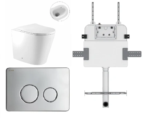 Zero Wall-Faced Extra High Rimless Whirlpool Toilet Pan + R&T Cistern + Round Stainless Steel Satin Chrome Button [305916]