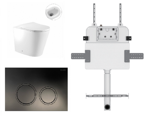 Zero Wall-Faced Extra High Rimless Whirlpool Toilet Pan + R&T Cistern + Round ABS Matte Black Button [305902]