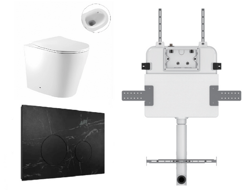 Zero Wall-Faced Extra High Rimless Whirlpool Toilet Pan + R&T Cistern + Round Porcelain Marble Black Button [305901]