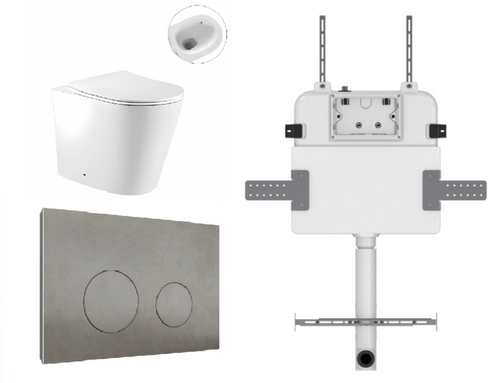 Zero Wall-Faced Extra High Rimless Whirlpool Toilet Pan + R&T Cistern + Round Porcelain Marble Grey Button [305903]