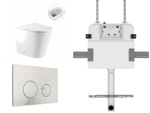 Zero Wall-Faced Extra High Rimless Whirlpool Toilet Pan + R&T Cistern + Round Porcelain Marble White Button [305899]