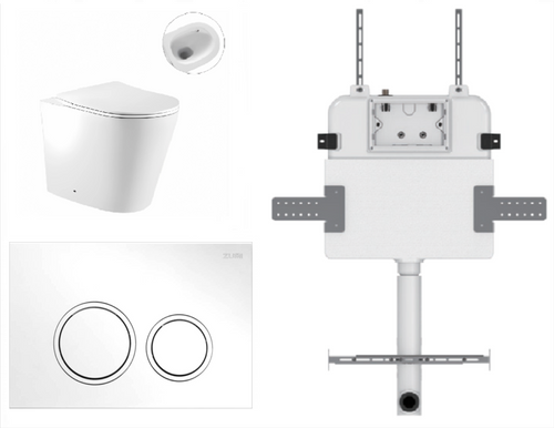 Zero Wall-Faced Extra High Rimless Whirlpool Toilet Pan + R&T Cistern + Round ABS Matte White Button [305999]