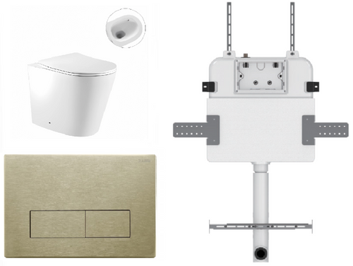 Zero Wall-Faced Extra High Rimless Whirlpool Toilet Pan + R&T Cistern + Square Stainless Steel Brushed Gold Button [306003]