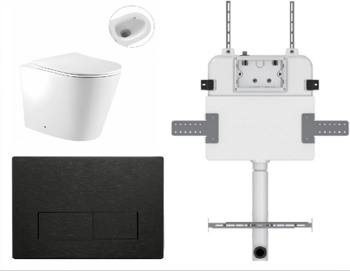 Zero Wall-Faced Extra High Rimless Whirlpool Toilet Pan + R&T Cistern + Square Stainless Steel Gunmetal Button [305904]