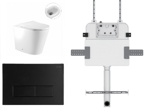 Zero Wall-Faced Extra High Rimless Whirlpool Toilet Pan + R&T Cistern + Square Stainless Steel Matte Black Button [306006]