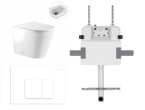 Zero Wall-Faced Extra High Rimless Whirlpool Toilet Pan + R&T Cistern + Square ABS Matte White Button [305930]