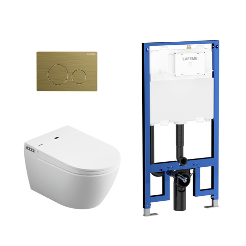 Lafeme Sesto Inwall Cistern Wall Hung Smart toilet 592*400*424mm with Brushed Gold Flush Plate [287697]