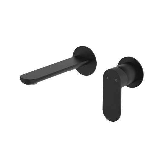 Empire Slim Basin/Bath Wall Mixer Set, Round Plates, 160mm Outlet, Matte Black [306243]