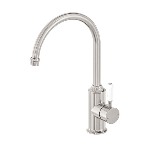 York Sink Mixer Gooseneck Spout with White Porcelain Lever Brushed Nickel [305803]