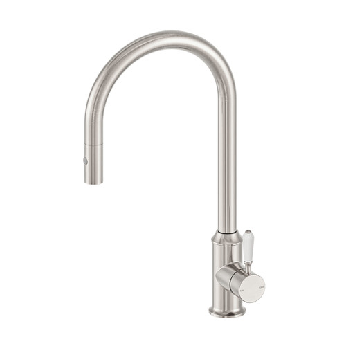 York Pull-Out Sink Mixer with Veggie Spray Function with White Porcelain Lever Brushed Nickel [305802]