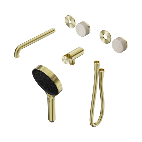 Serenity Progressive Shower System with Spout with Rome Travertine Handle and Serenity Hand Shower Trim Kit Only Brushed Gold [311320]