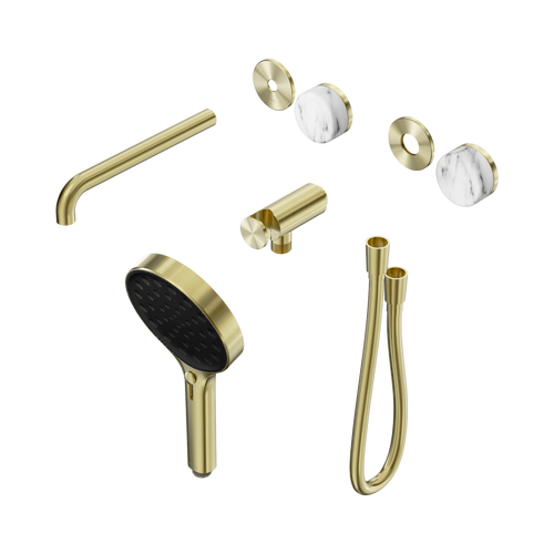 Serenity Progressive Shower System with Spout with Arabescato Corchia Handle and Serenity Hand Shower Trim Kit Only Brushed Gold [311117]