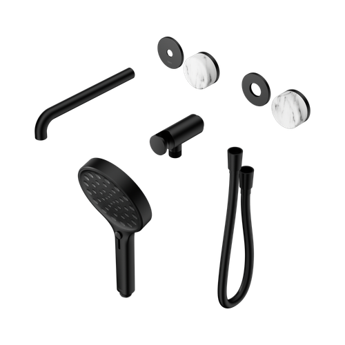 Serenity Progressive Shower System with Spout with Arabescato Corchia Handle and Serenity Hand Shower Trim Kit Only Matte Black [311522]