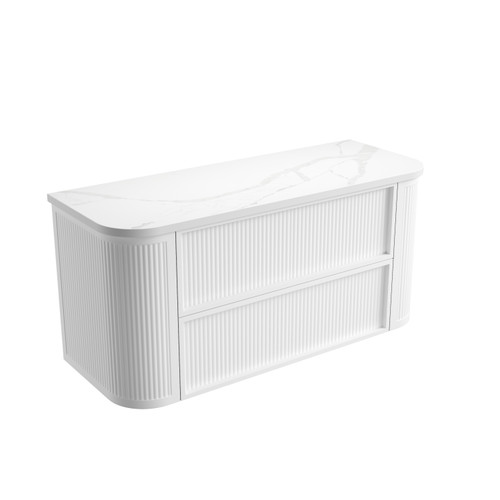 Ramee Fluted Wall-Hung 1200mm Matte White Cabinet 1380x465x565mm with Palis White Flat Stone Top [320230]