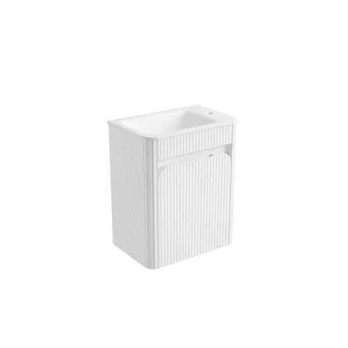 Mini Hartelle Fluted Wall-Hung 470mm Matte White Cabinet 450x480x847mm with Sintera Curved Stone Top with Right Side Tap Hole [320225]