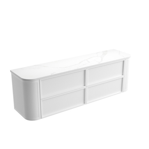 Ramee Fluted Wall-Hung 1800mm Double Matte White Cabinet 1980x465x565mm with Palis White Flat Stone Top [320366]
