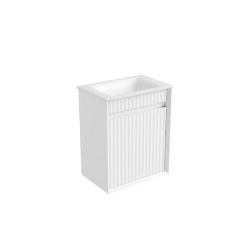 Mini Ravia Fluted Wall-Hung 450mm Matte White Cabinet 440x292x847mm with Sintera Square Stone Top with No Tap Hole [320368]