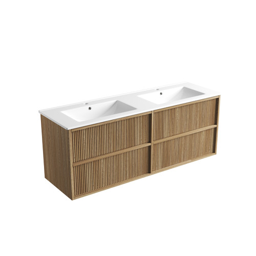 Venetta Fluted Framed Wall-Hung 1500mm Double Harvest Oak Cabinet 1500x468x585mm with Crystal Ceramic Top [320392]