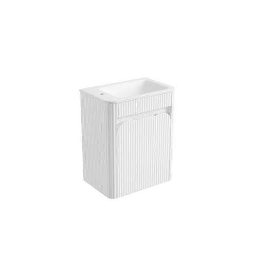 Mini Hartelle Fluted Wall-Hung 470mm Matte White Cabinet 450x480x847mm with Sintera Curved Stone Top with Left Side Tap Hole [320396]