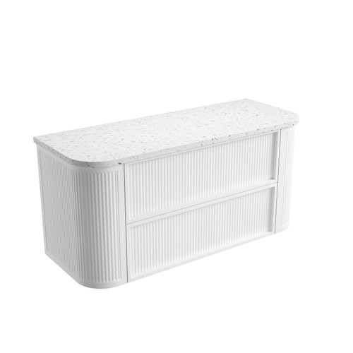 Ramee Fluted Wall-Hung 1200mm Matte White Cabinet 1380x465x565mm with Snow Flat Stone Top [320394]