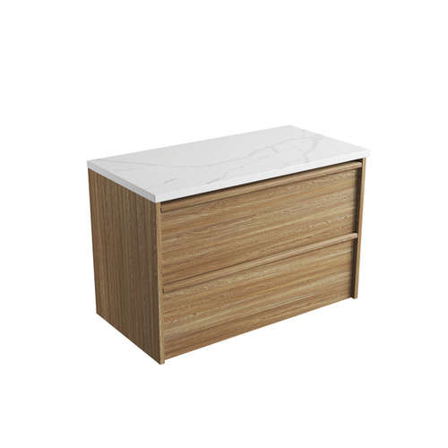 Venetta Framed Wall-Hung 900mm Harvest Oak Cabinet 900x468x585mm with Palis White Flat Stone Top [320401]