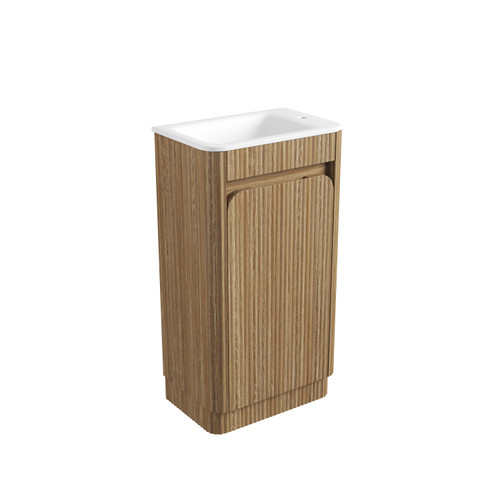 Mini Hartelle Fluted Floor-Standing 470mm Harvest Oak Cabinet 450x480x847mm with Sintera Curved Stone Top with Right Side Tap Hole [320340]
