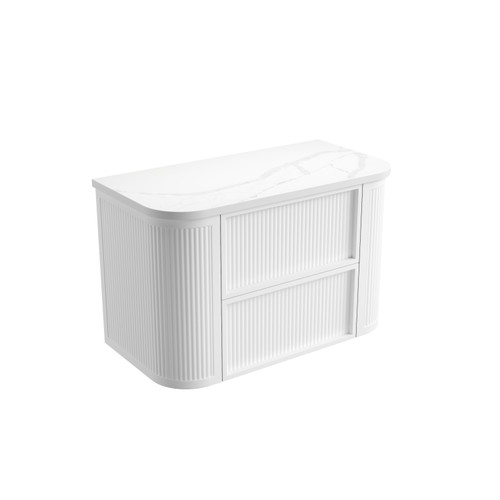 Ramee Fluted Wall-Hung 900mm Matte White Cabinet 900x465x565mm with Palis White Flat Stone Top [320345]