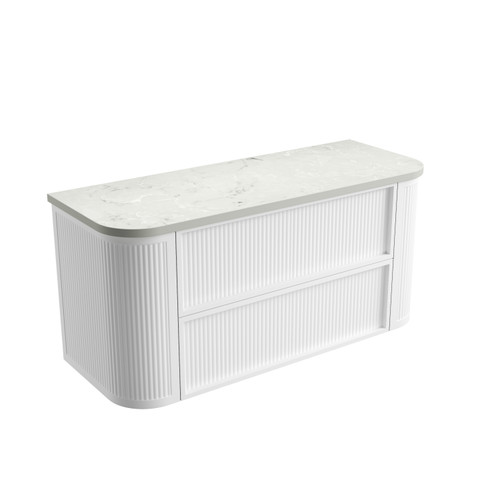Ramee Fluted Wall-Hung 1200mm Matte White Cabinet 1380x465x565mm with Alpine Flat Stone Top [320337]
