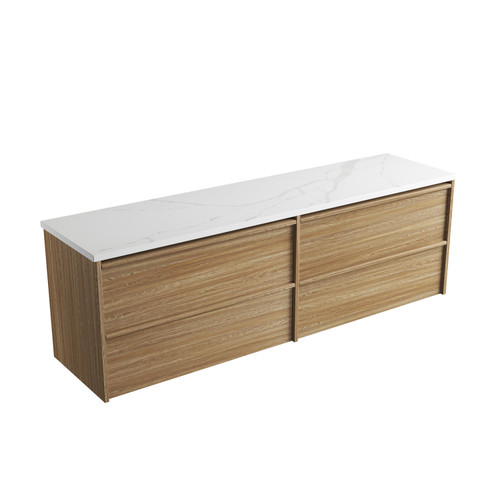 Venetta Framed Wall-Hung 1800mm Double Harvest Oak Cabinet 1800x468x585mm with Palis White Flat Stone Top [320335]