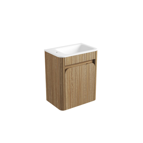 Mini Hartelle Fluted Wall-Hung 470mm Harvest Oak Cabinet 450x480x847mm with Sintera Curved Stone Top with Left Side Tap Hole [320310]