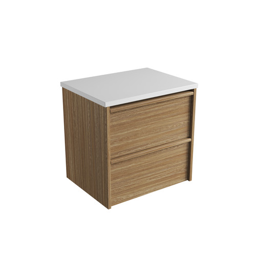 Venetta Framed Wall-Hung 600mm Harvest Oak Cabinet 600x468x585mm with Pure Flat Stone Top [320311]