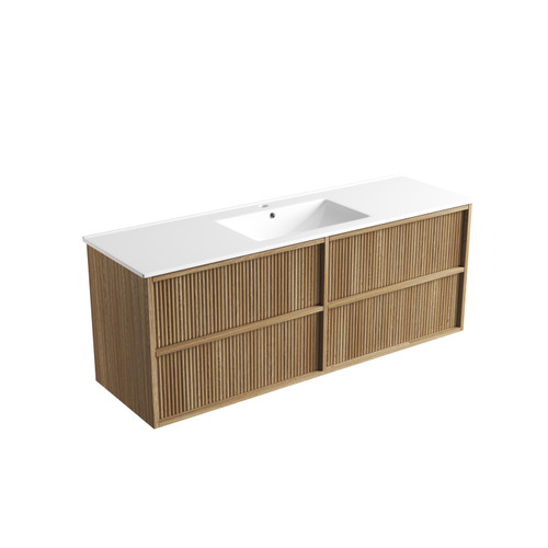 Venetta Fluted Framed Wall-Hung 1500mm Single Harvest Oak Cabinet 1500x468x585mm with Crystal Ceramic Top [320290]