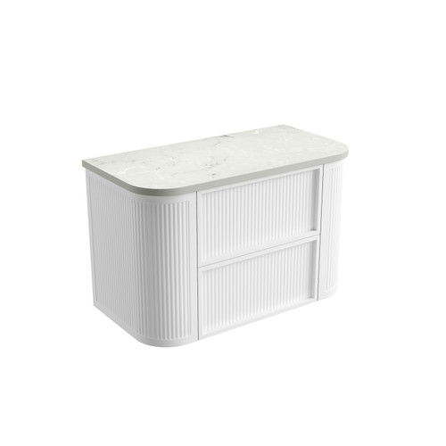 Ramee Fluted Wall-Hung 900mm Matte White Cabinet 900x465x565mm with Alpine Flat Stone Top [320299]