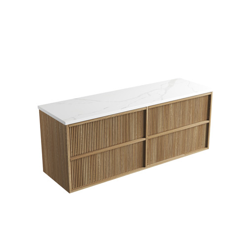 Venetta Fluted Framed Wall-Hung 1500mm Harvest Oak Cabinet 1500x468x585mm with Palis White Flat Stone Top [320300]