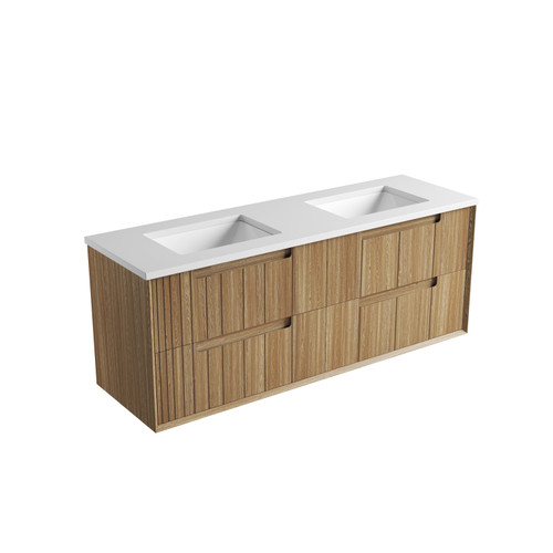 Voulari Framed Wall-Hung 1500mm Double Harvest Oak Cabinet 1500x468x585mm with Pure White Stone Top with Undermount Basin [320302]