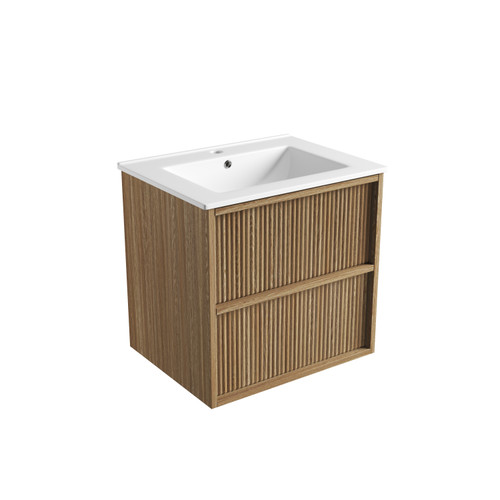 Venetta Fluted Framed Wall-Hung 600mm Harvest Oak Cabinet 600x468x585mm with Crystal Ceramic Top [320263]