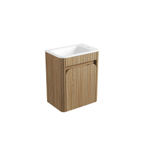 Mini Hartelle Fluted Wall-Hung 470mm Harvest Oak Cabinet 450x480x847mm with Sintera Curved Stone Top with Right Side Tap Hole [320259]