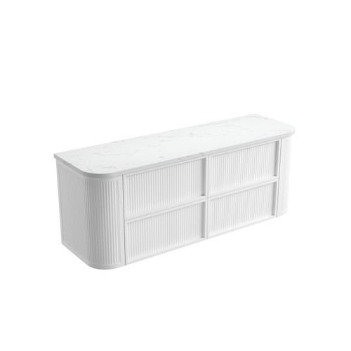 Ramee Fluted Wall-Hung 1500mm Matte White Cabinet 1680x465x565mm with Cato Flat Stone Top [320282]