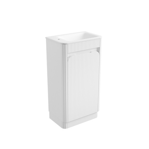 Mini Hartelle Fluted Floor-Standing 470mm Matte White Cabinet 450x480x847mm with Sintera Curved Stone Top with Left Side Tap Hole [320196]