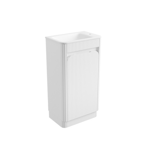 Mini Hartelle Fluted Floor-Standing 470mm Matte White Cabinet 450x480x847mm with Sintera Curved Stone Top with Right Side Tap Hole [320204]