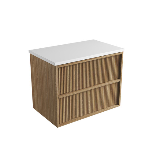 Venetta Fluted Framed Wall-Hung 750mm Harvest Oak Cabinet 750x468x585mm with Pure Flat Stone Top [320206]