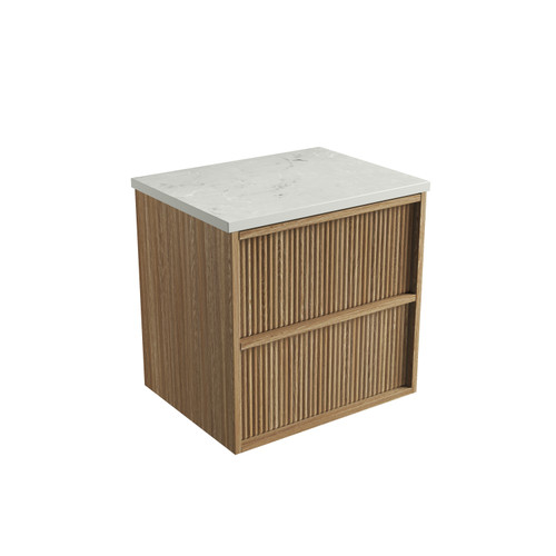 Venetta Fluted Framed Wall-Hung 600mm Harvest Oak Cabinet 600x468x585mm with Alpine Flat Stone Top [320211]