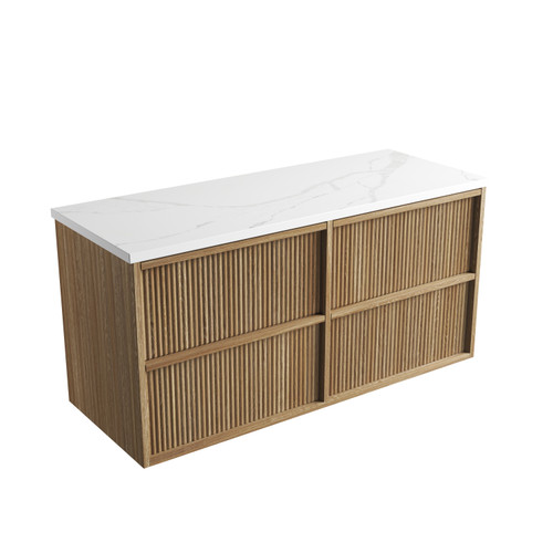 Venetta Fluted Framed Wall-Hung 1200mm Harvest Oak Cabinet 1200x468x585mm with Palis White Flat Stone Top [320210]