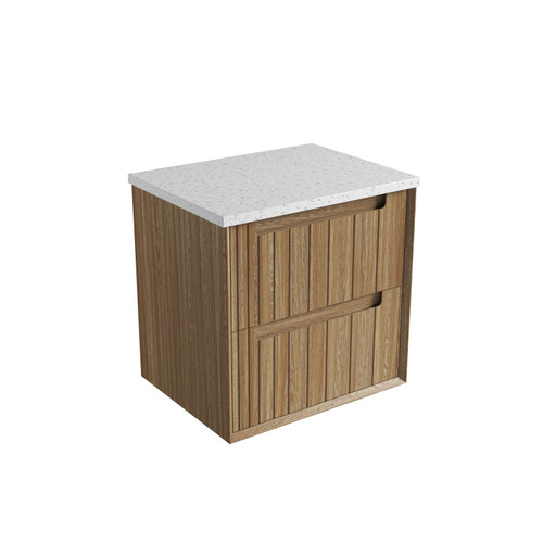 Voulari Framed Wall-Hung 600mm Harvest Oak Cabinet 600x468x585mm with Snow Flat Stone Top [320218]