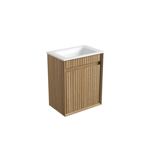 Mini Ravia Fluted Wall-Hung 450mm Harvest Oak Cabinet 440x292x847mm with Sintera Square Stone Top with No Tap Hole [320361]