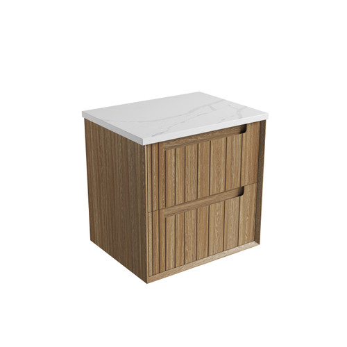 Voulari Framed Wall-Hung 600mm Harvest Oak Cabinet 600x468x585mm with Palis White Flat Stone Top [320367]