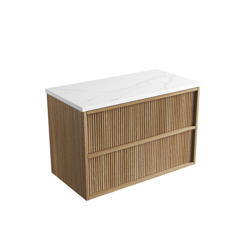 Venetta Fluted Framed Wall-Hung 900mm Harvest Oak Cabinet 900x468x585mm with Palis White Flat Stone Top [320380]