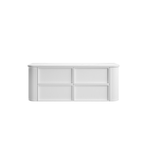 Ramee Fluted Wall-Hung 1500mm Matte White Cabinet 1680x465x565mm with Palis White Flat Stone Top [320250]