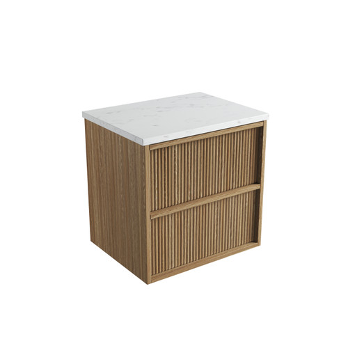 Venetta Fluted Framed Wall-Hung 600mm Harvest Oak Cabinet 600x468x585mm with Cato Flat Stone Top [320256]